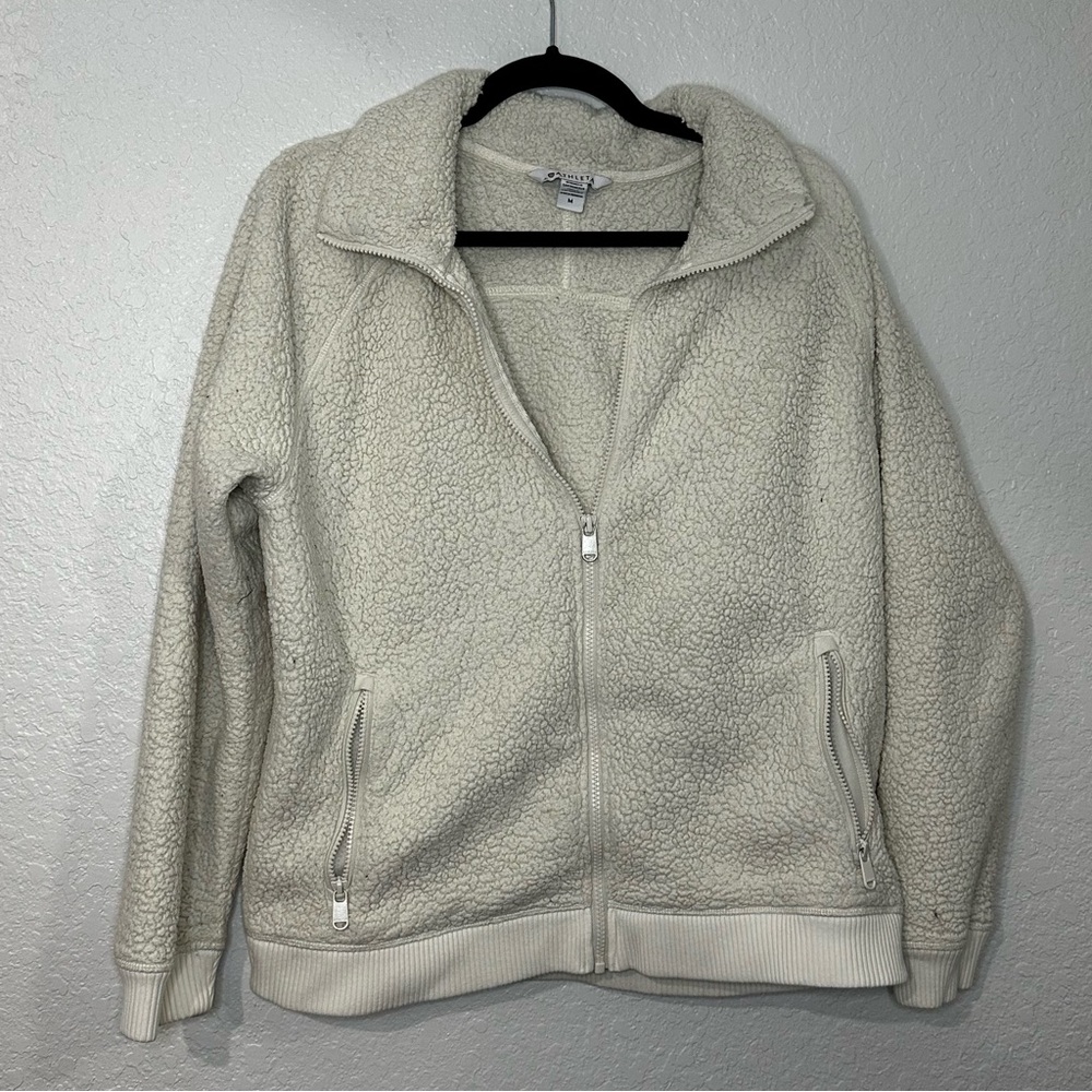 ATHLETA Tugga Ivory White Sherpa Fleece Full Zip Cropped Jacket Sz M Athleisure